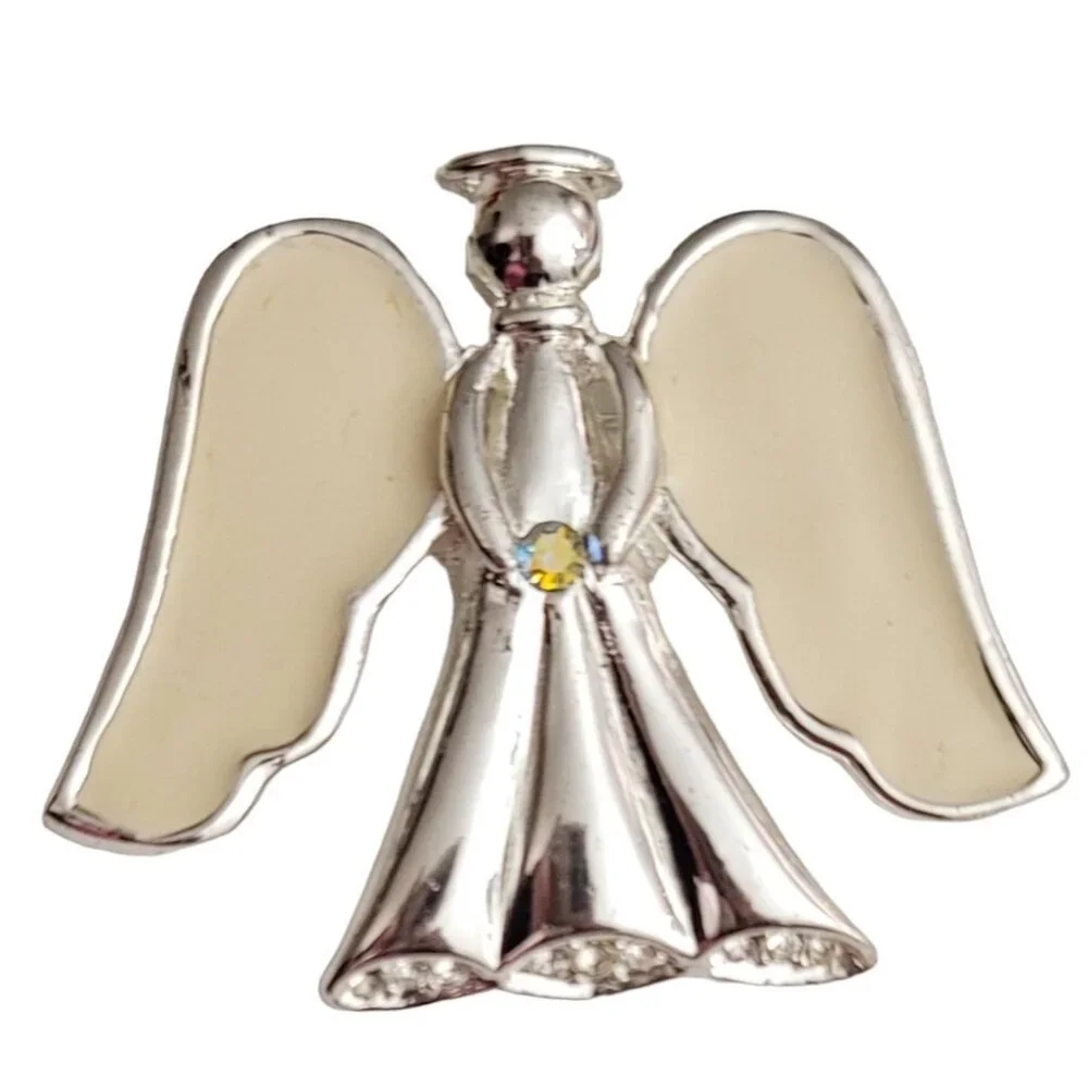KC Kenneth Cole Silver Tone White Enamel Angel Brooch Pin, Signed - Picture 2 of 7
